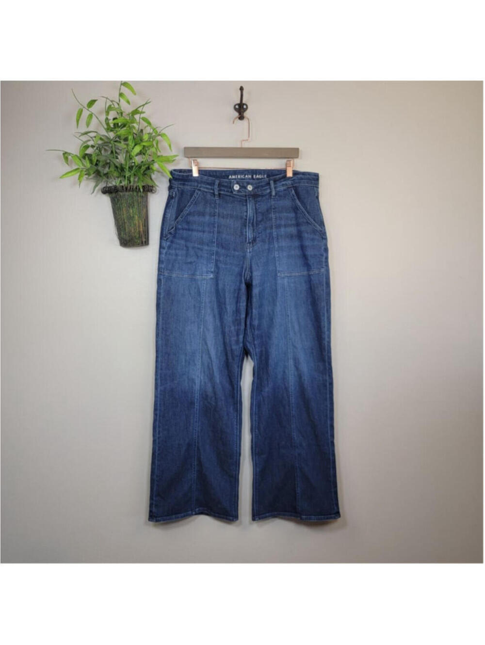 AE 16 American Eagle Dreamy Drape Super High Rise Baggy Wide Leg Jeans Dark Blue - Picture 2 of 11